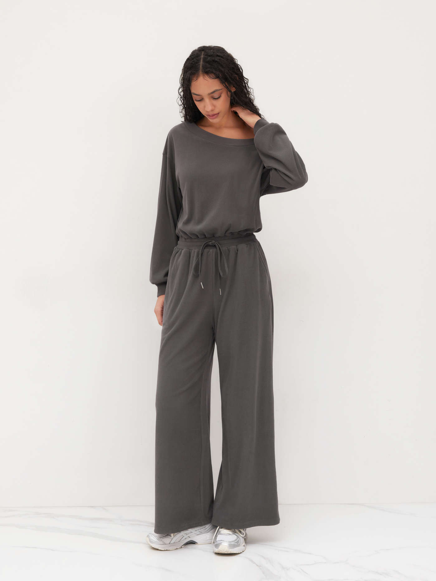 Knit Fabric Asymmetrical Neck Drawstring Oversized Jumpsuit For School Daily Casual | Cider