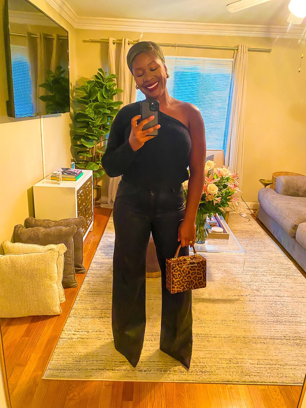 Girls night out all black coated denim one shoulder black heels leopard print red lip