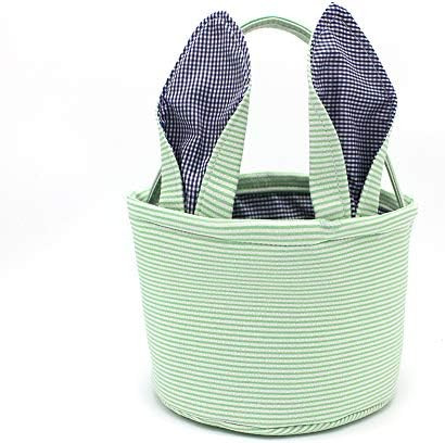 Easter Baskets Seersucker Easter Bunny Bag Bucket for Easter Egg Hunt Bunny Ears Design (Green) | Amazon (US)