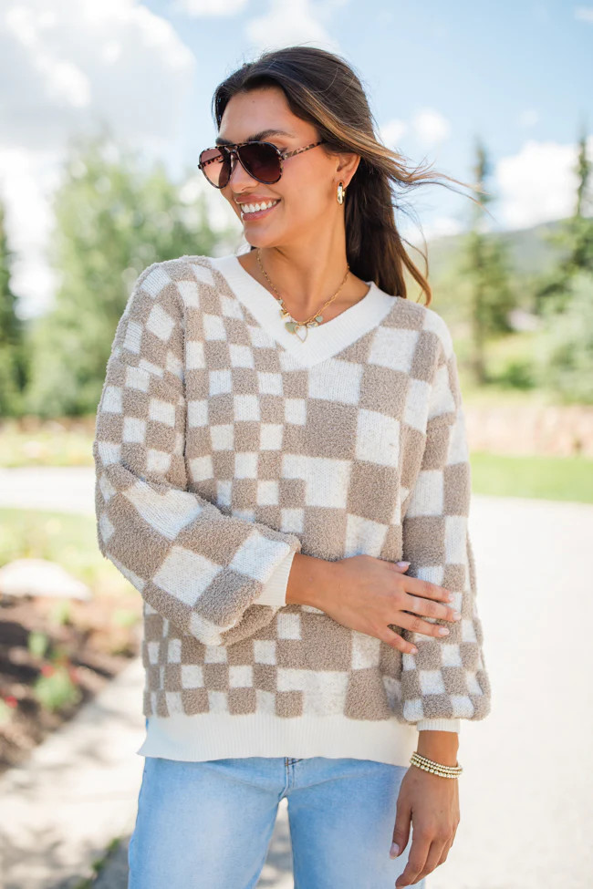Warm Hearts Taupe Fuzzy Checkered V-neck Sweater FINAL SALE | Pink Lily