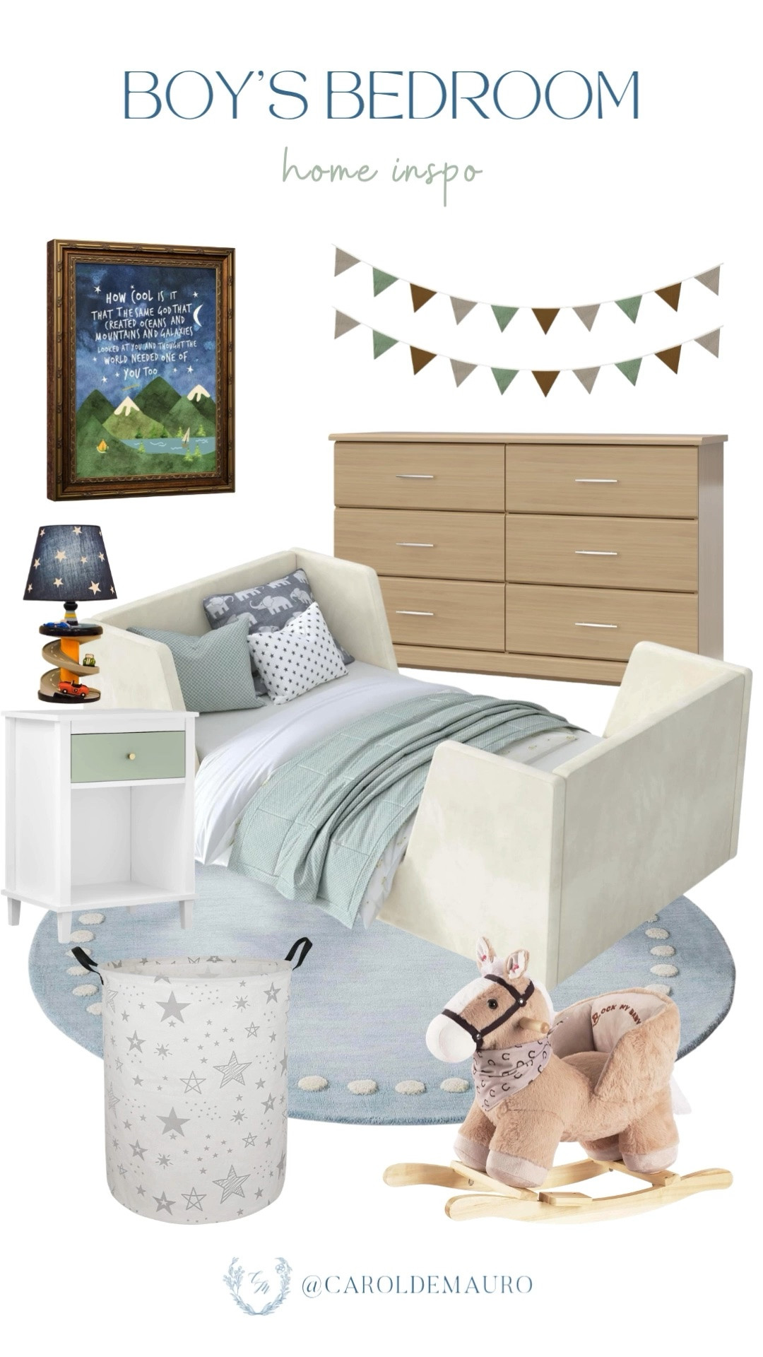 Soft blues, a rocking horse, and that mountain art piece make this boy's bedroom feel like a little adventure waiting to happen.

kids room inspo, boys room decor, kids bedroom, children’s room, kids room design, interior design

#LTKHome #LTKKids