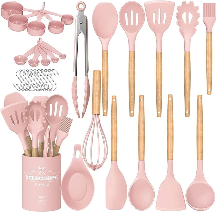 Kitchen Cooking Utensils Set, Umite Chef 33 pcs Non-stick Silicone Cooking Spatula Set with Holder, Wooden Handle Silicone Kitchen Gadgets Utensil Set (Pink) | Amazon (US)