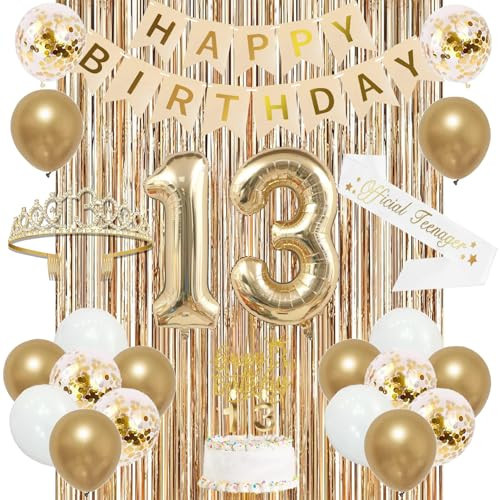 Trgowaul 13th Birthday Decorations for Girls, Banner, Sash and Crown, Cake Topper, 13 Number Balloon, Fringe Curtains, Champagne Gold 13 Birthday Party Supplies | Amazon (US)