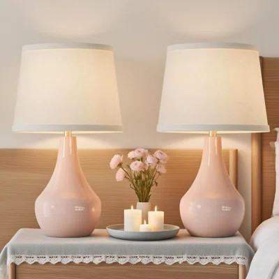 Modern Pink Table Lamps Set Of 2 - Ceramic Nightstand Bedside Lamps With Rocker Switch And Included LED Bulbs For Bedroom Living Room | Wayfair North America