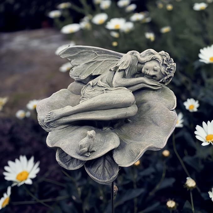 Garden Fairy Statue,Garden Sleeping Angel on Lotus Leaf with Bird Feeder Feature Outdoor Decor Sc... | Amazon (US)