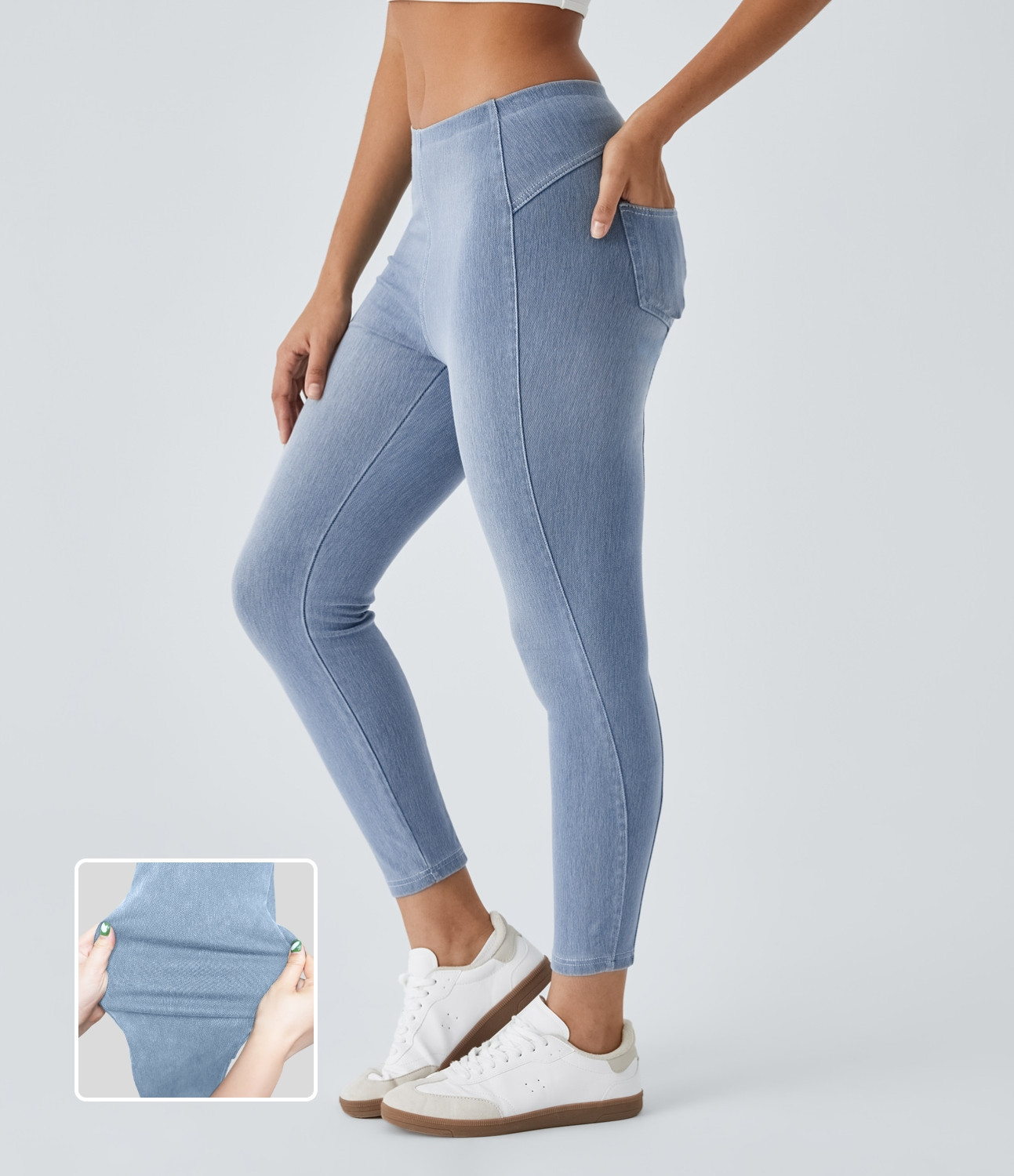 Halara Halara Flex™ Pull On Mid Rise Back Pocket Stretchy Knit Denim Casual 7/8 Leggings - Light Haze Blue Denim - L(7/8) | HALARA