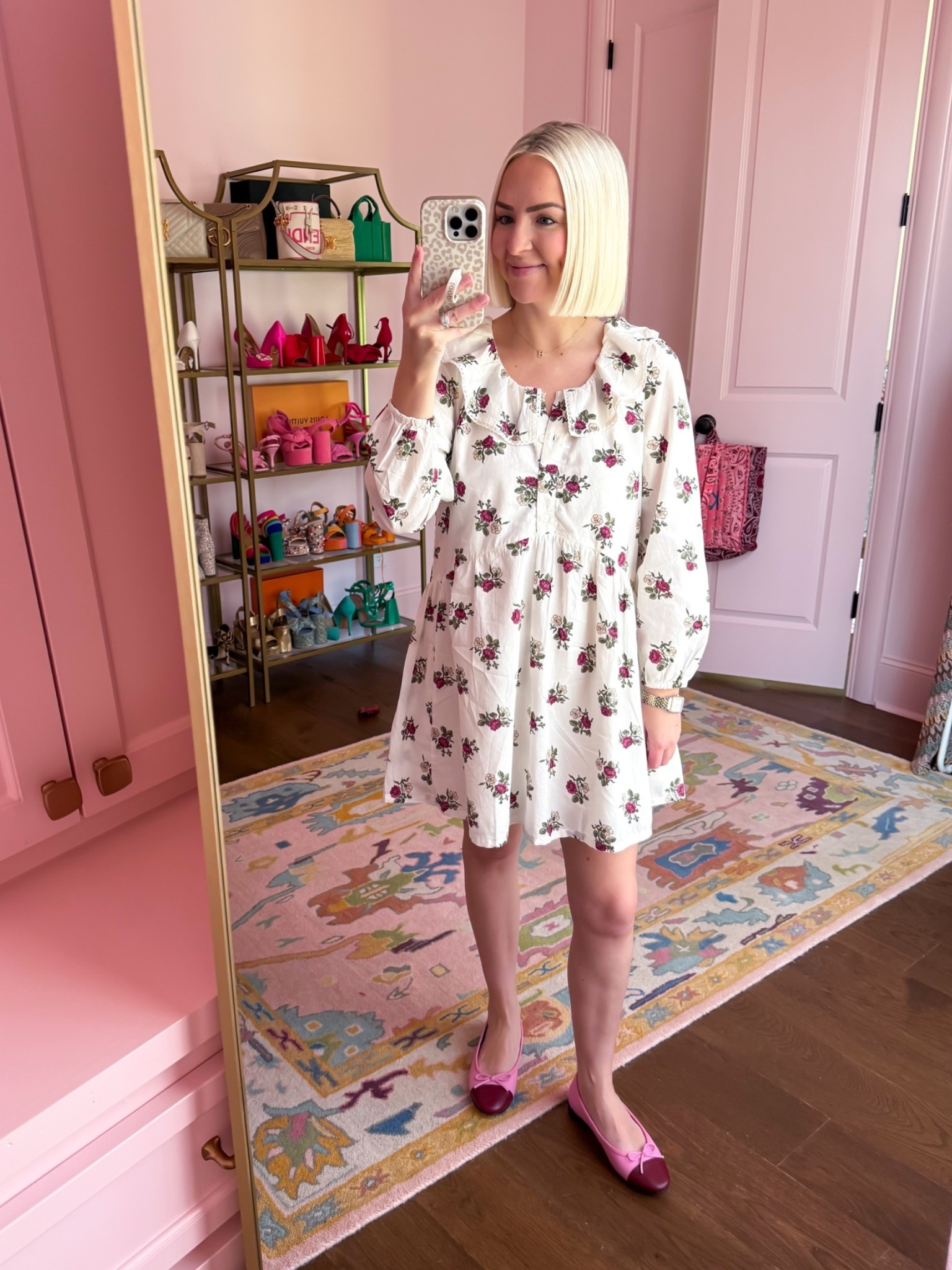 Long sleeve babydoll dress is 60% off 
Size: XS petite 
Bump friendly babydoll dress 
Pink and burgundy cap toe ballet flats (size 6.5)

#LTKPetite #LTKBump #LTKootd