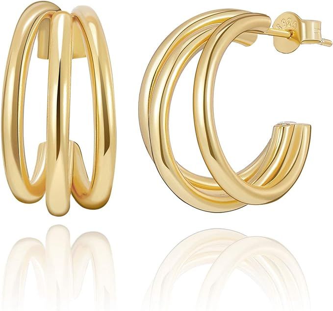SWEETV 925 Sterling Silver Triple Hoop Earrings - Chunky Open Hoop Earrings for Women Hypoallerge... | Amazon (US)