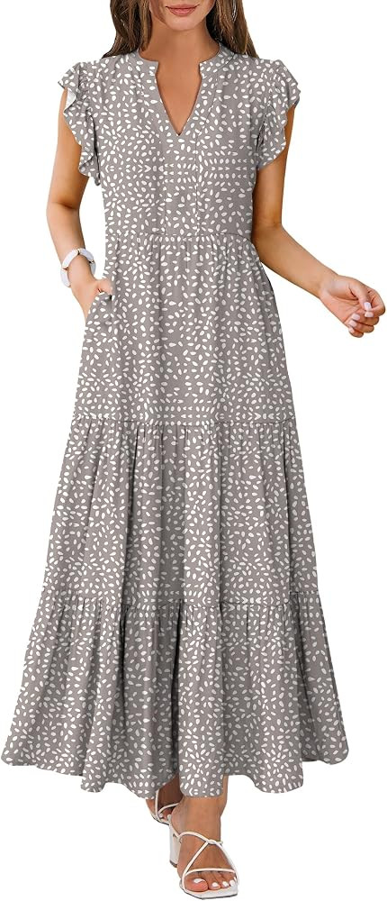 ANRABESS Womens Summer Casual Maxi Dress V Neck Ruffle Sleeve Long Dresses Fashion Flowy Tiered B... | Amazon (US)