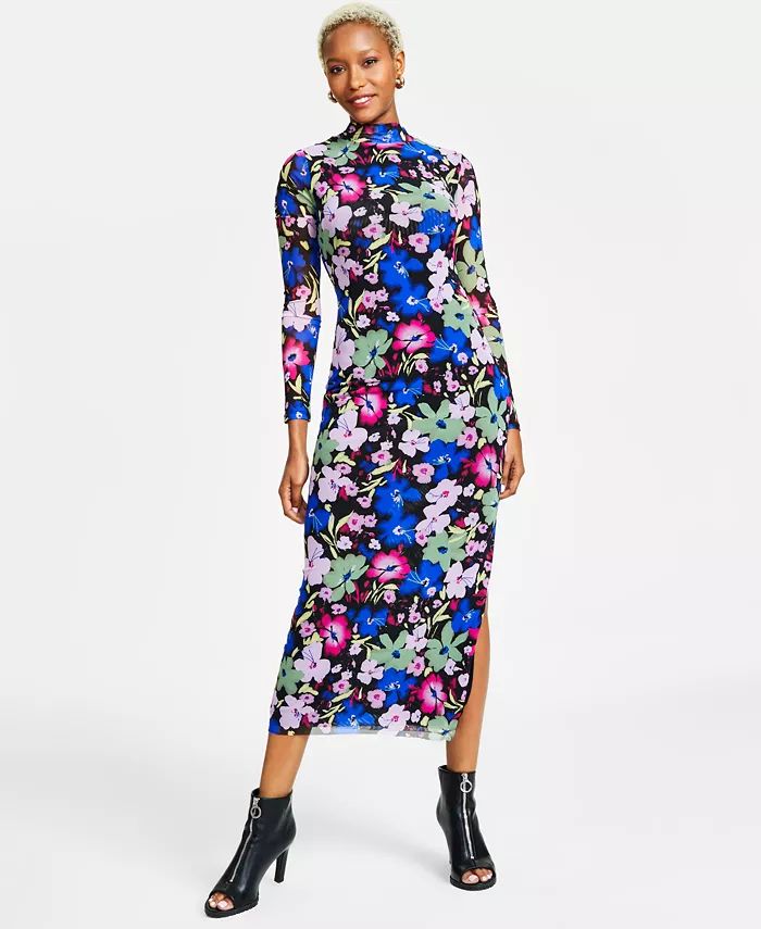 Women's Printed Mesh Mock-Neck Midi Dress, Created for Macy's | Macy's