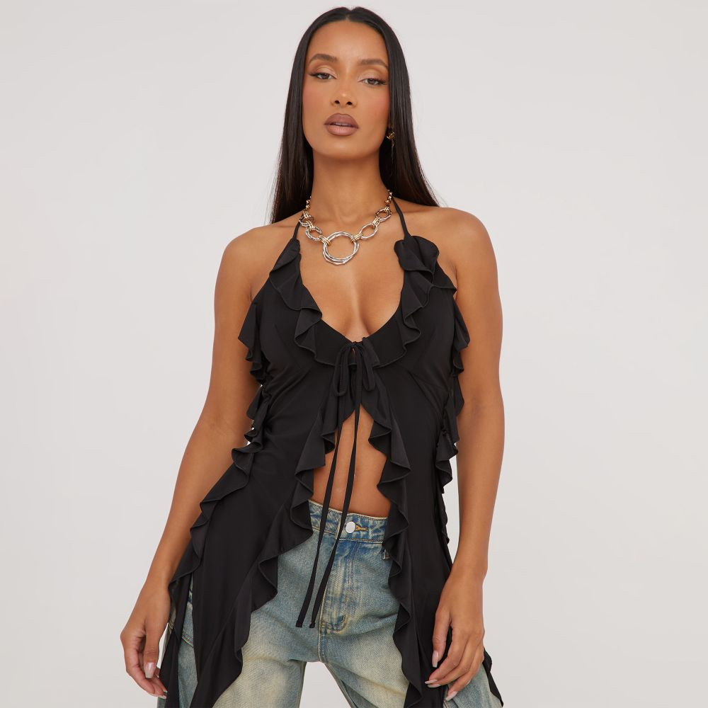 Plunge Halterneck Extreme Frill Detail Top In Black | EGO (UK)