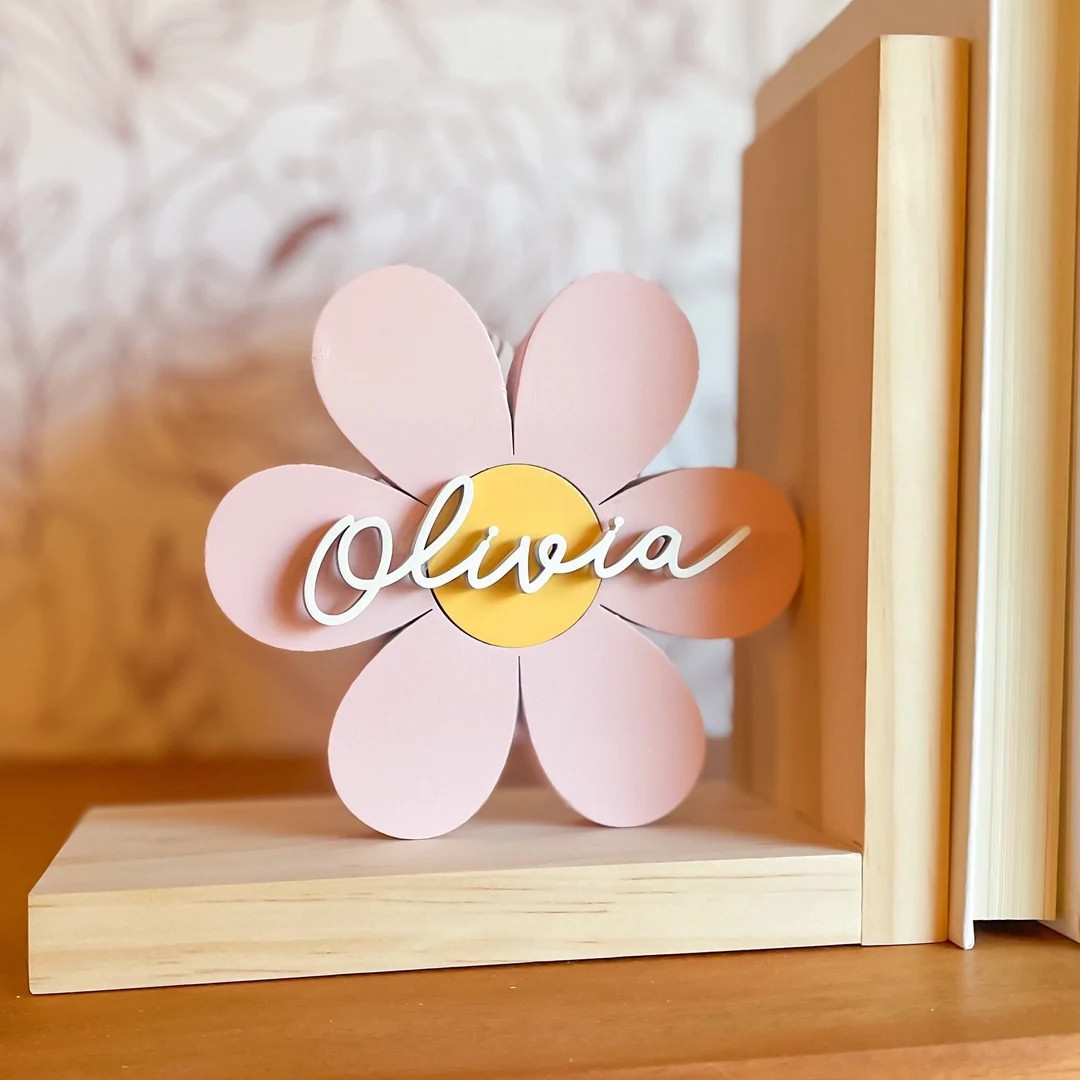 Pink Flower Personalized Bookend for Boho Bedroom Pink Floral Bohemian Shelf Decor Girls Nursery ... | Etsy (US)