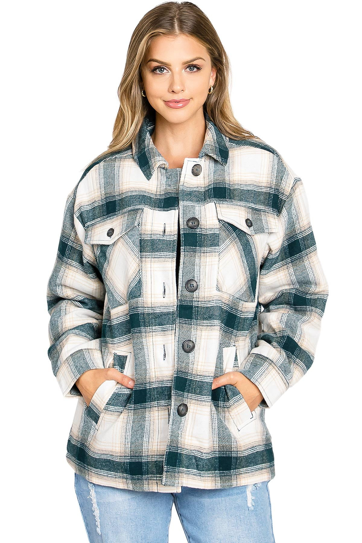 Love Tree Women's Oversize Plaid Sherpa Lined Shacket (M, Teal) | Walmart (US)