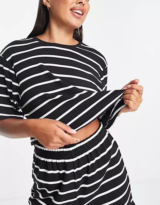 ASOS DESIGN mix & match ribbed stripe pajama tee in black & white | ASOS (Global)