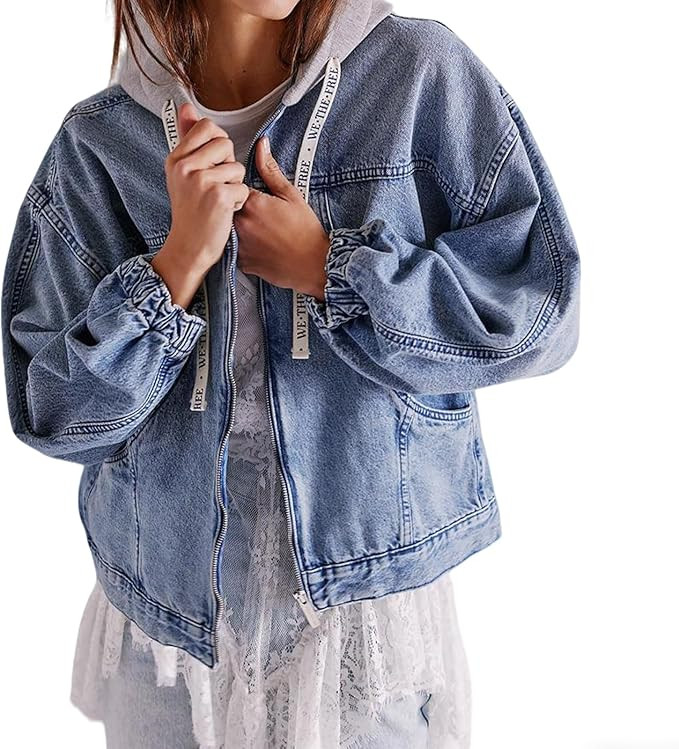 Women's Denim Jacket with Hood Fall Zip Up Sweatshirt Hoodie Oversized Long Sleeve Hooded Jean Ja... | Amazon (US)