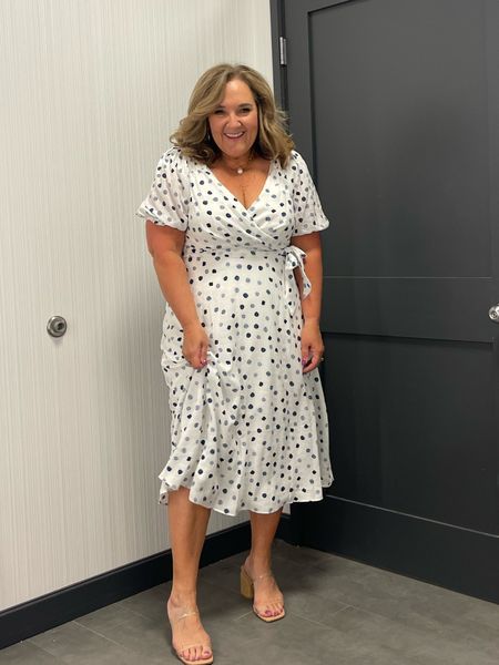 Pretty white with blue polka dot dress. I’m wearing a 14 reg. 
Perfect for Easter or a wedding guest! 

#LTKSeasonal #LTKcurves #LTKwedding
