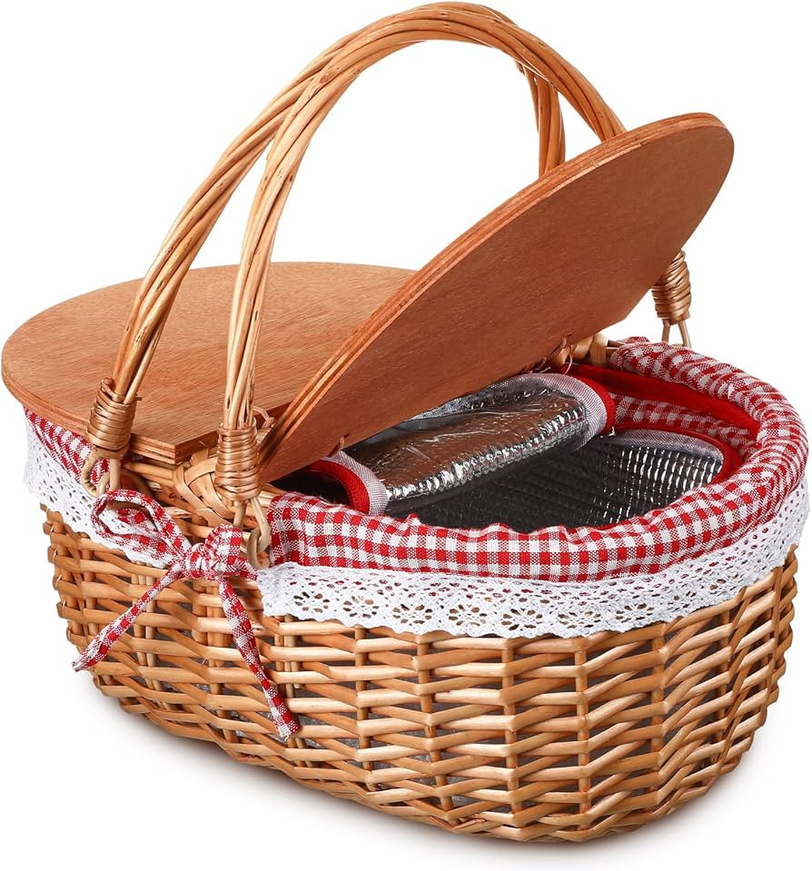 DoubleFill Wicker Insulated Picnic Basket with Lid Wicker Picnic Basket with Folding Handles and ... | Amazon (US)