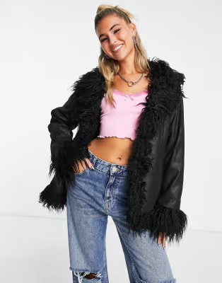 Urban Code faux shaggy fur jacket in black | ASOS (Global)