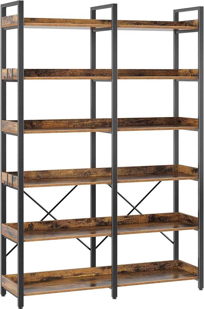 Seventable Bookshelf 6 Tier with 4 Hooks, 69” Industrial Wooden Bookcase, Vintage Storage Rack ... | Amazon (US)