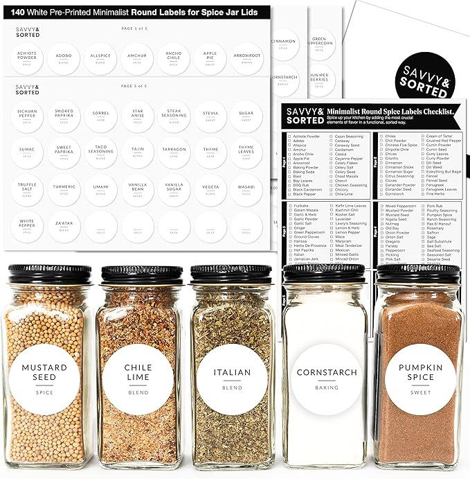 140 Round Spice Labels Stickers Preprinted - Spice Jar Labels for Spice Containers - Waterproof L... | Amazon (US)