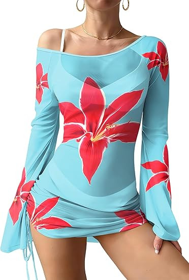 Women's Summer 2026 Off Shoulder Drawstring Ruched Side Mesh Swimsuit Cover Up Bell Sleeve Beach ... | Amazon (US)