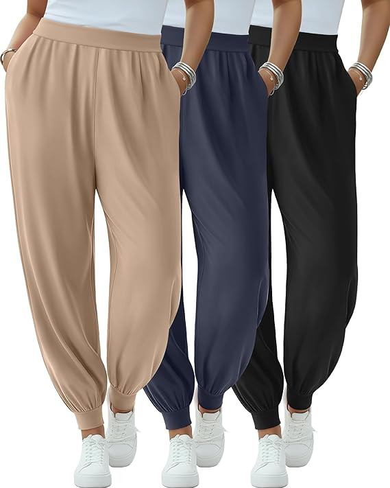3 Pack Women's Plus Size Yoga Joggers Lounge High Waisted Pants Comfy Loose Workout Sweatpants wi... | Amazon (US)