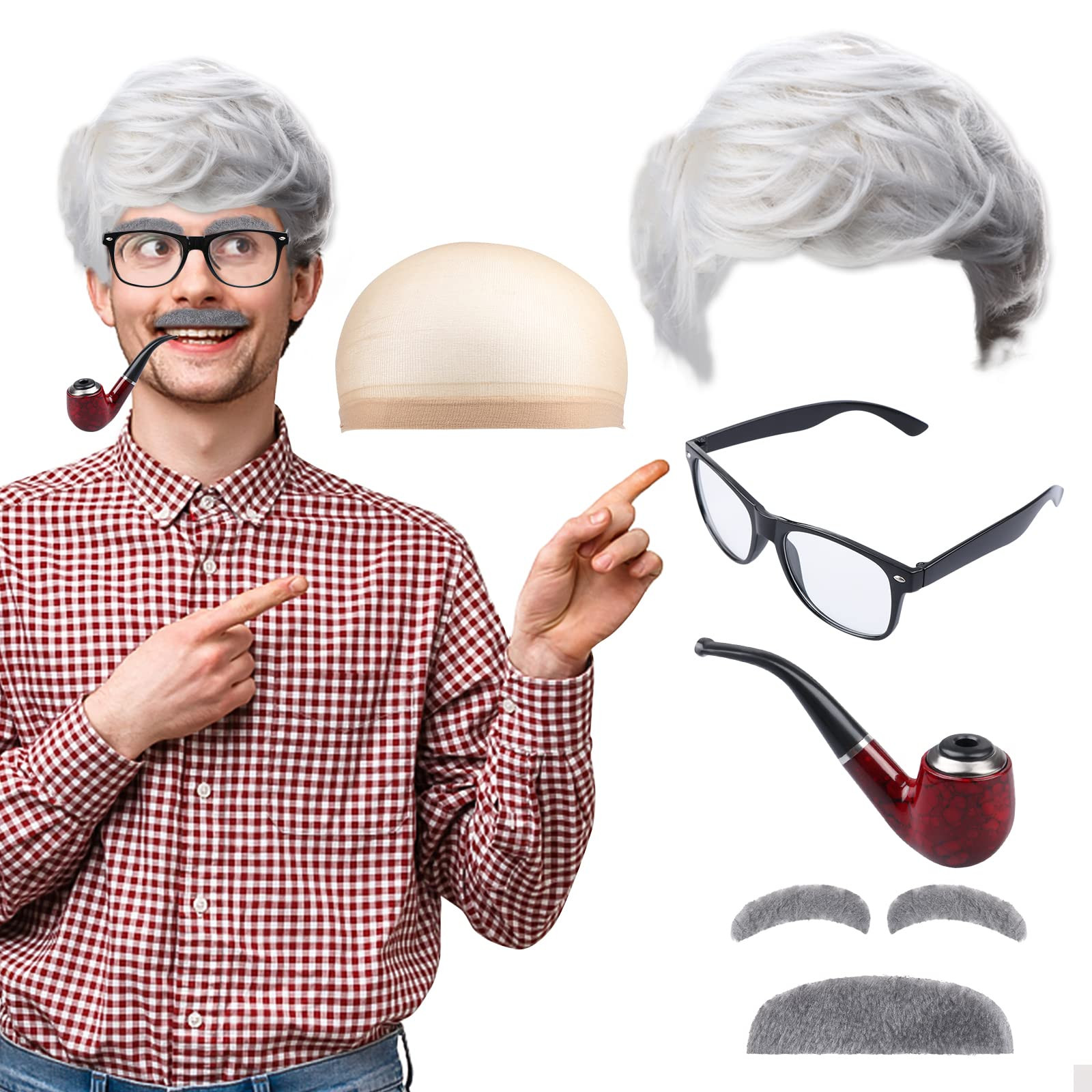 craftshou 6 PCS Old Man Costume Kit Grandpa Costume Accessories Including Old Man Wig,Wig Cap,Gla... | Amazon (US)