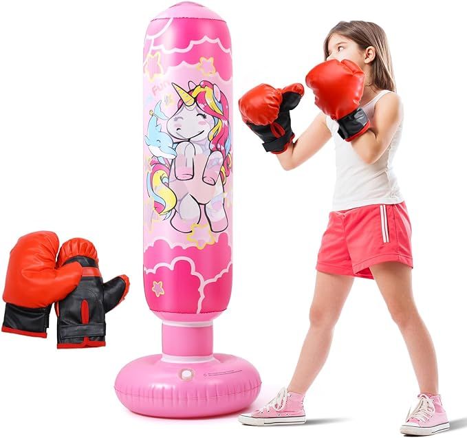 47" Inflatable Kids Punching Bag with Boxing Gloves, Free Standing Boxing Bag, Bounce-Back Bag Gi... | Amazon (US)