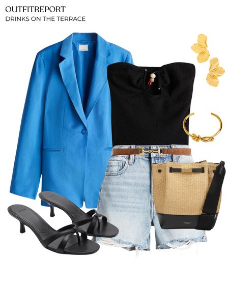 Denim shorts black top blue blazer black heeled sandals brown arket belt straw handbag 

#LTKsummer #LTKstyletip #LTKshoes