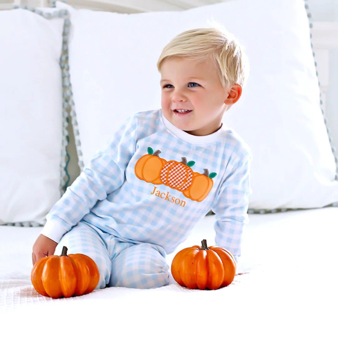 Pumpkin Cluster Pajamas Light Blue Gingham | Classic Whimsy