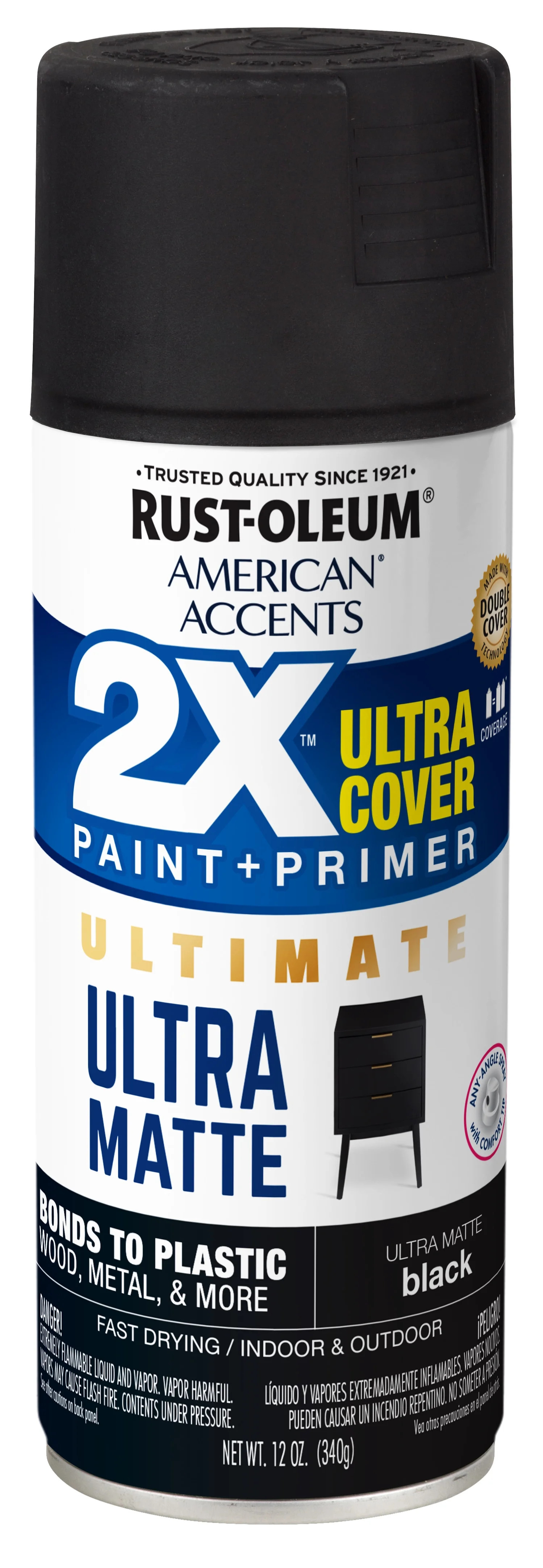 Rust-Oleum American Accents 2X Ultra Cover Ultra Matte Black Spray Paint and Primer in 1, 12 oz | Walmart (US)