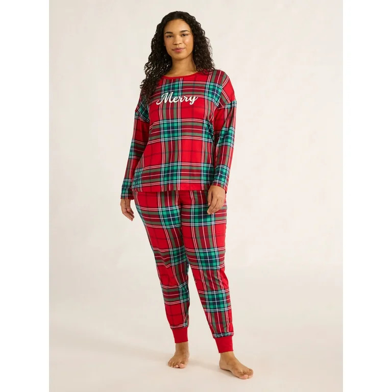 Joyspun Women’s Long Sleeve Tee and Jogger Pants Pajama Set, 2-Piece, Sizes S-3X | Walmart (US)
