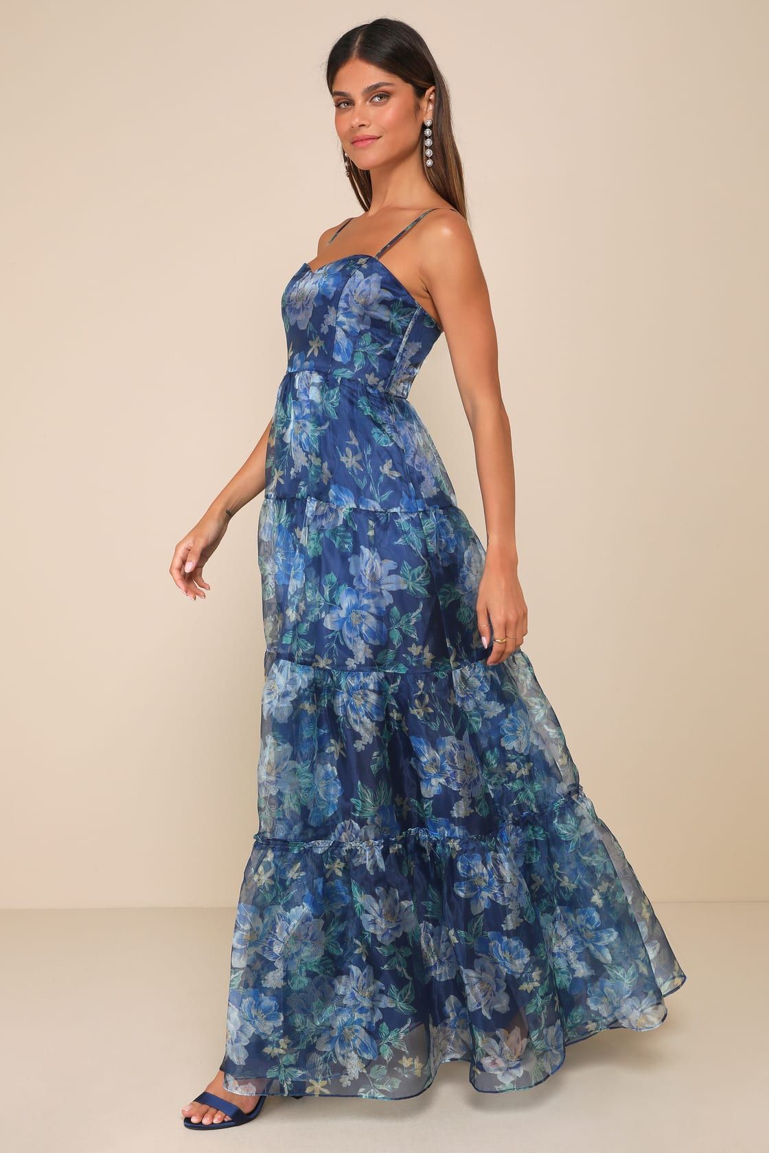 Exclusive Glamour Blue Floral Organza Tiered Maxi Dress | Lulus