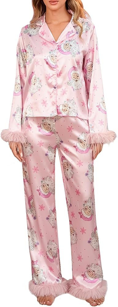 iTranyee Women Christmas 2 Piece Pajamas Set Feather Trim Long Sleeve Button Down Shirt Pants Out... | Amazon (US)