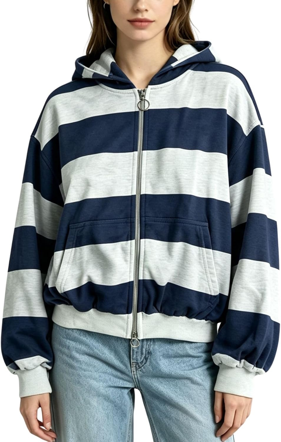 Womens Striped Zip Up Hoodie Oversized Sweatshirt | Amazon (US)
