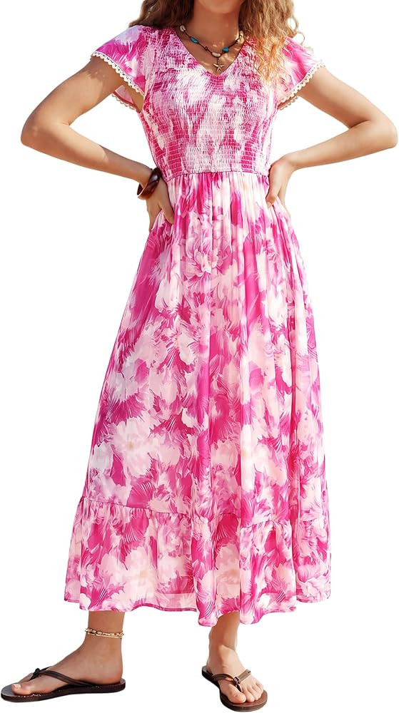 Kate Kasin Women Summer Floral Maxi Dresses 2026, V Neck Smocked Boho Sundress, Flowy Long Beach ... | Amazon (US)