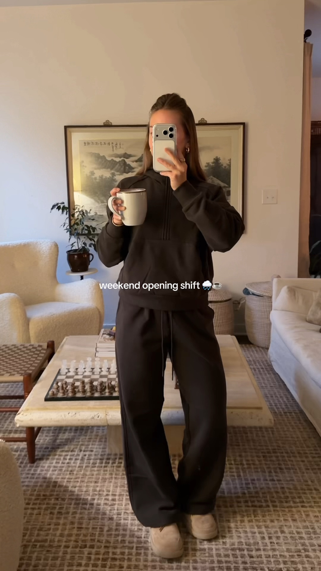 11/1/25 A cozy, rainy morning kind of start — the perfect slow weekend vibe. Linking my brown loungewear set from Athleta (wearing XS in the bottoms, S in the top), our living room furniture details, and my pour-over coffee setup — my glass coffee maker and gooseneck kettle from Amazon that make every morning feel like a café at home.

#LTKSeasonal #LTKHome