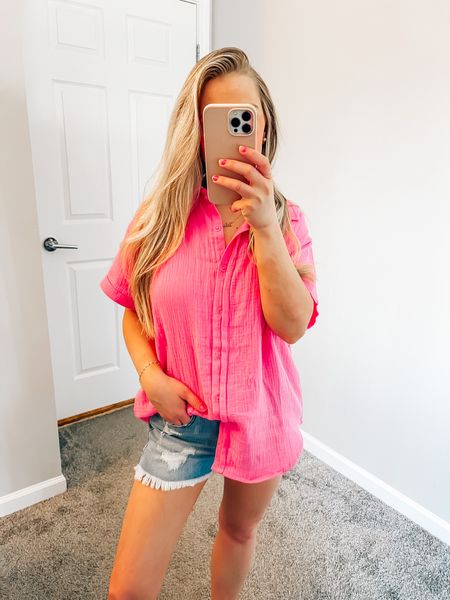 Code: BLONDEBELLE to save on my pink top and denim shorts 💖 small in both! 
.
.
.
Summer outfit, pink shirt, denim shorts, summer outfits, outfit ideas, pink lily boutique, spring outfit 

#LTKunder100 #LTKstyletip #LTKunder50