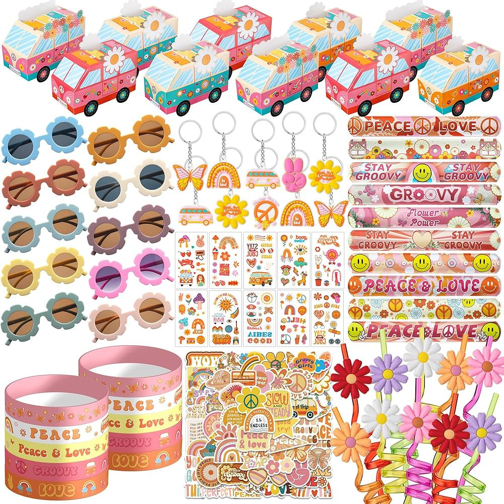 120PCS Groovy Party Favors,Includes Bus Boxes Retro Flower Sunglasses Temporary Tattoos Stickers ... | Amazon (US)