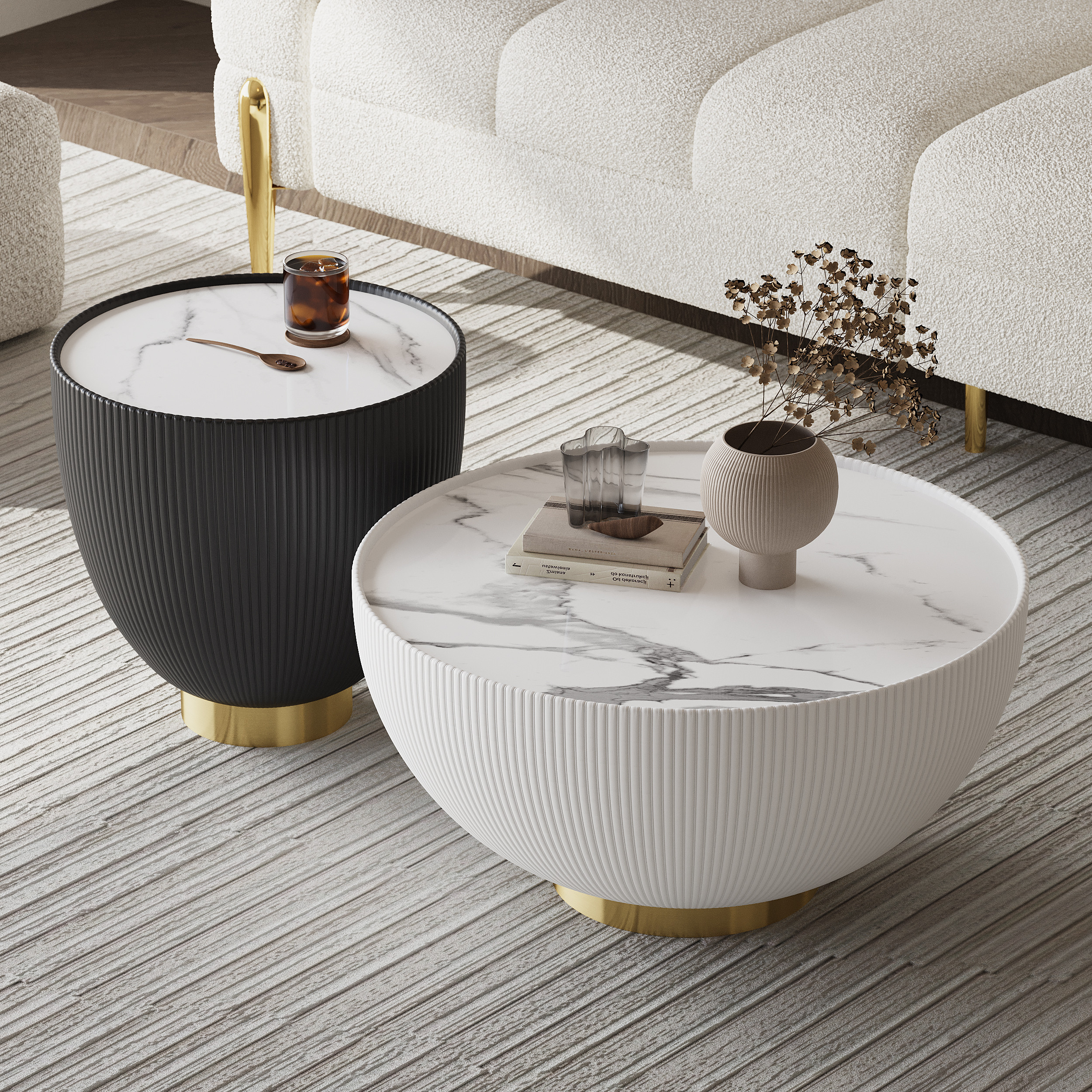 Round 2-Piece Nesting Set Sintered Stone Top Beige and Gray Drum Coffee Table with PU Leather Around | Homary