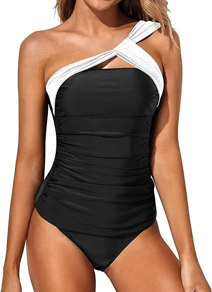 Tempt Me Two Piece Tankini Bathing Suits for Women One Shoulder Swim Top with Shorts Swimsuits | Amazon (US)