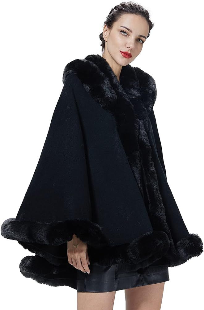 SUFCOMOU Poncho Hooded Shawl Wrap Women Cape Winter Faux Fur Trim Coat Sleeveless Cardigan Dressy... | Amazon (US)
