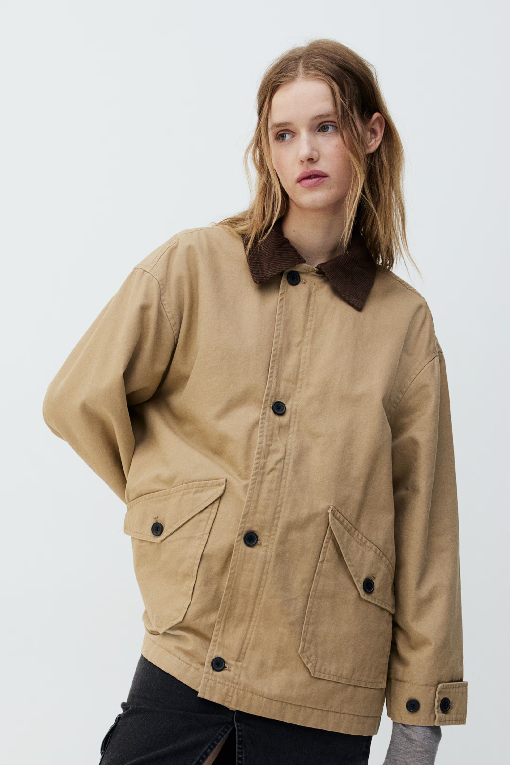 Oversized Canvas Jacket - Long sleeve - Regular length - Beige - Ladies | H&M US | H&M (US + CA)