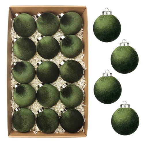Green Velvet Ornaments for Christmas Tree 15 PCS, Big Neutral Flocked Christmas Bulbs Ornaments Set 3.15 Inch, Matte Suede Xmas Hanging Baubles Decorations (Sage Green) | Amazon (US)