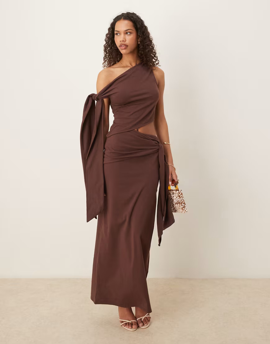 ASOS DESIGN modal fallen shoulder with tie detail midi dress in chocolate-Multi | ASOS (Global)