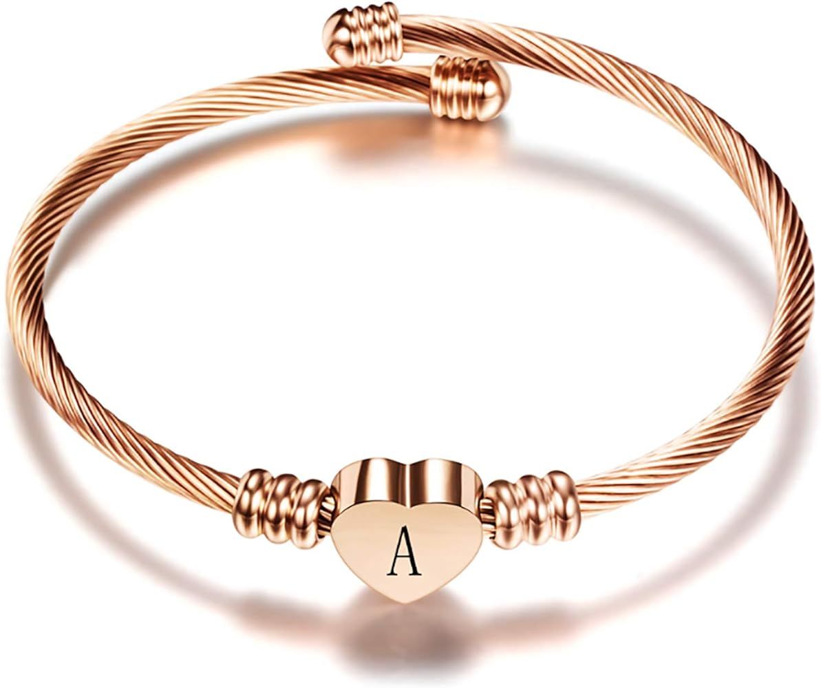 Luluadorn Rose Gold Heart Initial Letter Bracelets Engraved Alphabet 26 Letters Charms Cuff Brace... | Amazon (CA)