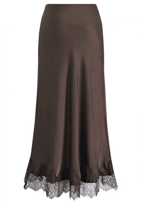 Silky Scalloped Lace Trim Satin Maxi Skirt in Chocolate Brown for Office Styling & Weekend Outing... | Chicwish