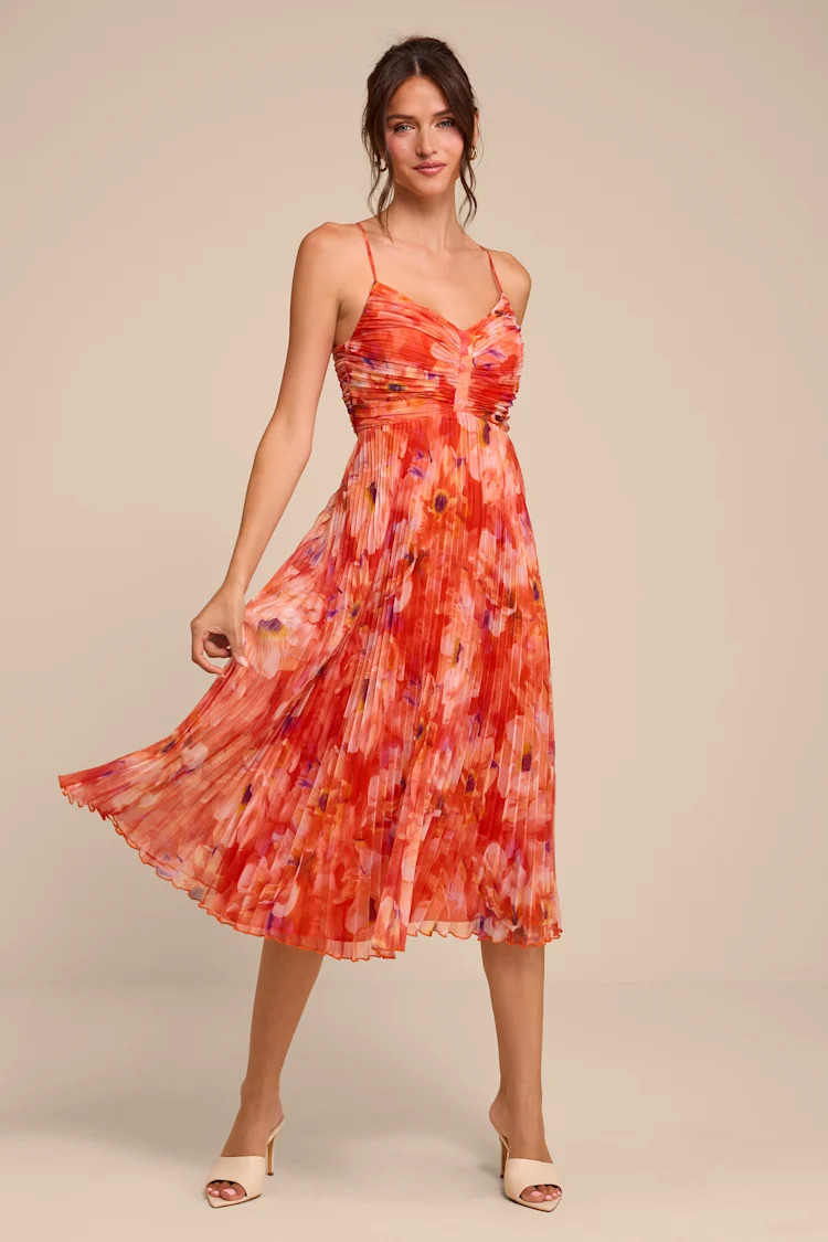 Whitley Orange Floral Pleated Sleeveless Midi Dress | Lulus