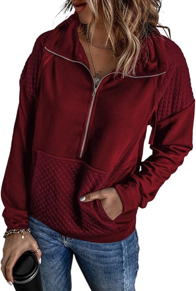SHEWIN Women's Casual Long Sleeve Lapel Drawstring Zip Up Sweatshirt Quilted Pullover Tops | Amazon (US)