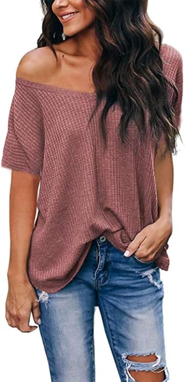 Womens Loose Blouse Short Sleeve V Neck Off The Shoulder Tops Oversized Casual Summer Shirts | Amazon (US)
